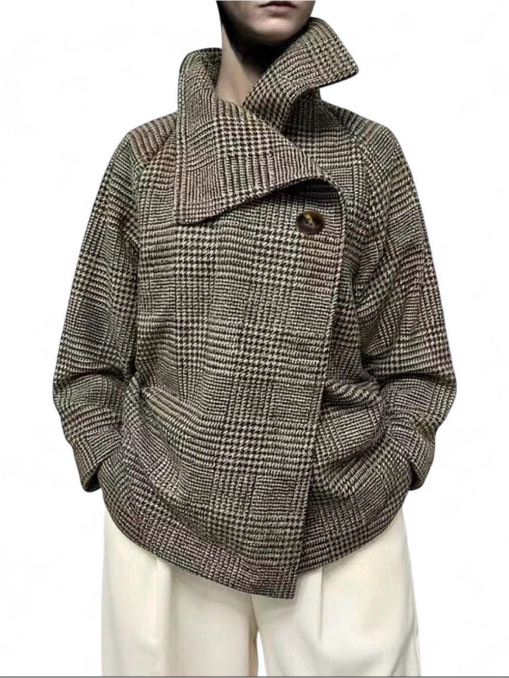 Asymmetric Collar Brown Houndstooth Jacket - Brown/Cream